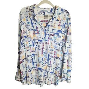 Chico's Novelty print Lighthouses button front blouse sz 4/ 20/22 nautical